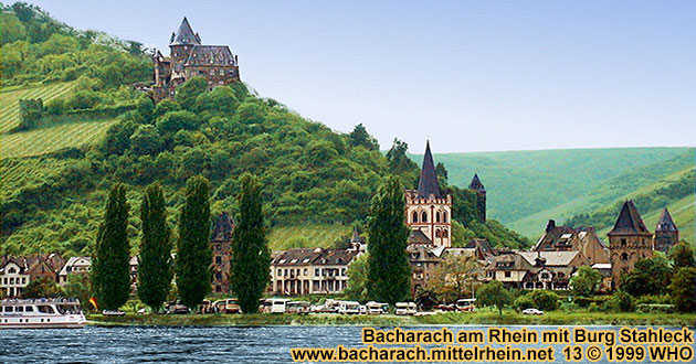 Bacharach am Rhein, Burg Stahleck, Peterskirche, Marktturm,  Foto:  WHO, 13. Mai 1999